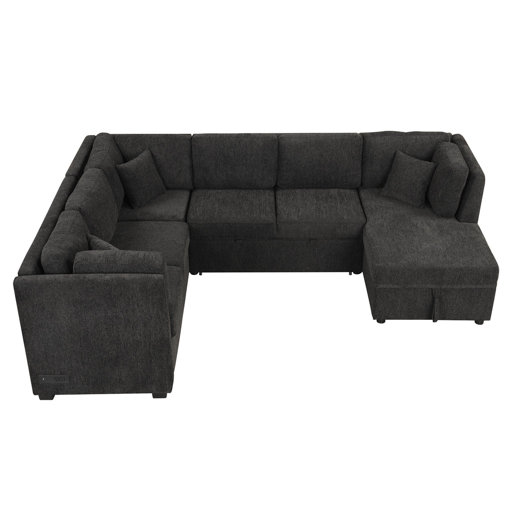 U-shaped Sectional Sofa Pull Out Bed with USB Ports, Power Sockets, Back Pillows & Storage Chaise, Black Chenille, 108.6' - Grand Goldman Shop