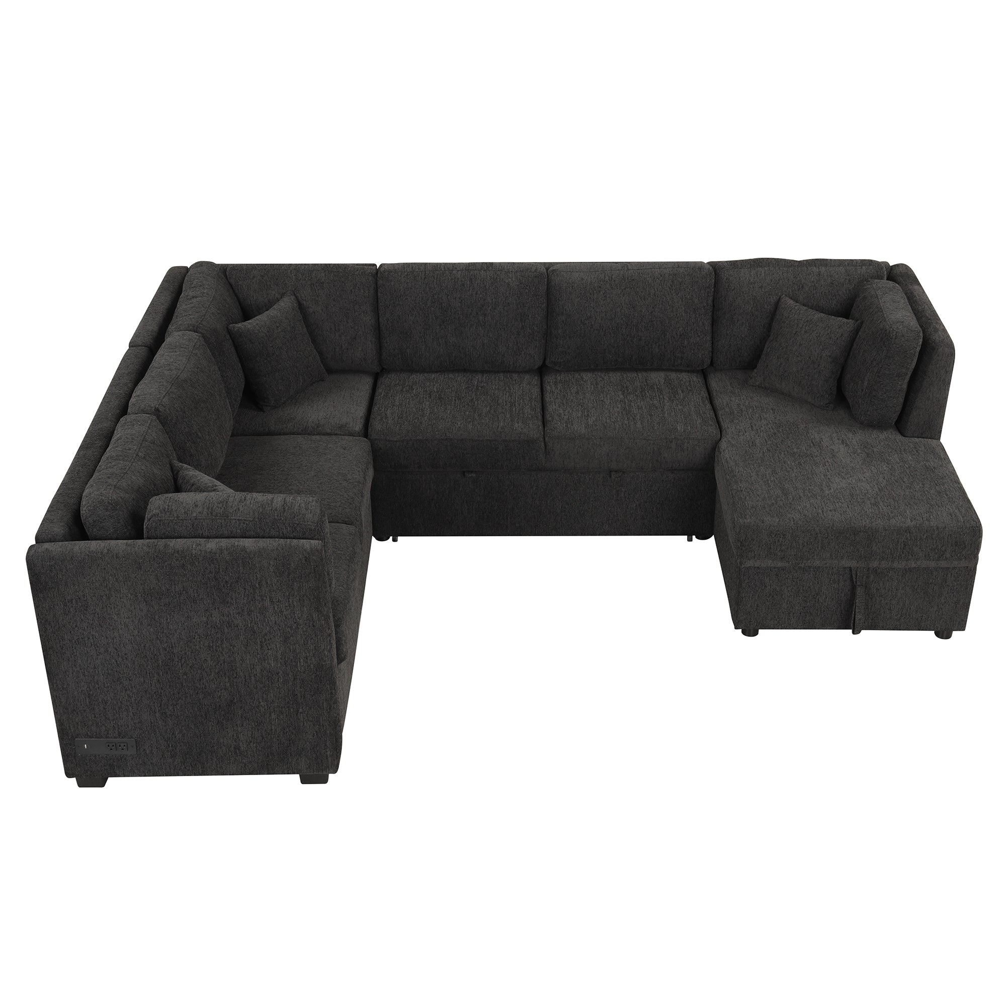 U-shaped Sectional Sofa Pull Out Bed with USB Ports, Power Sockets, Back Pillows & Storage Chaise, Black Chenille, 108.6' - Grand Goldman Shop