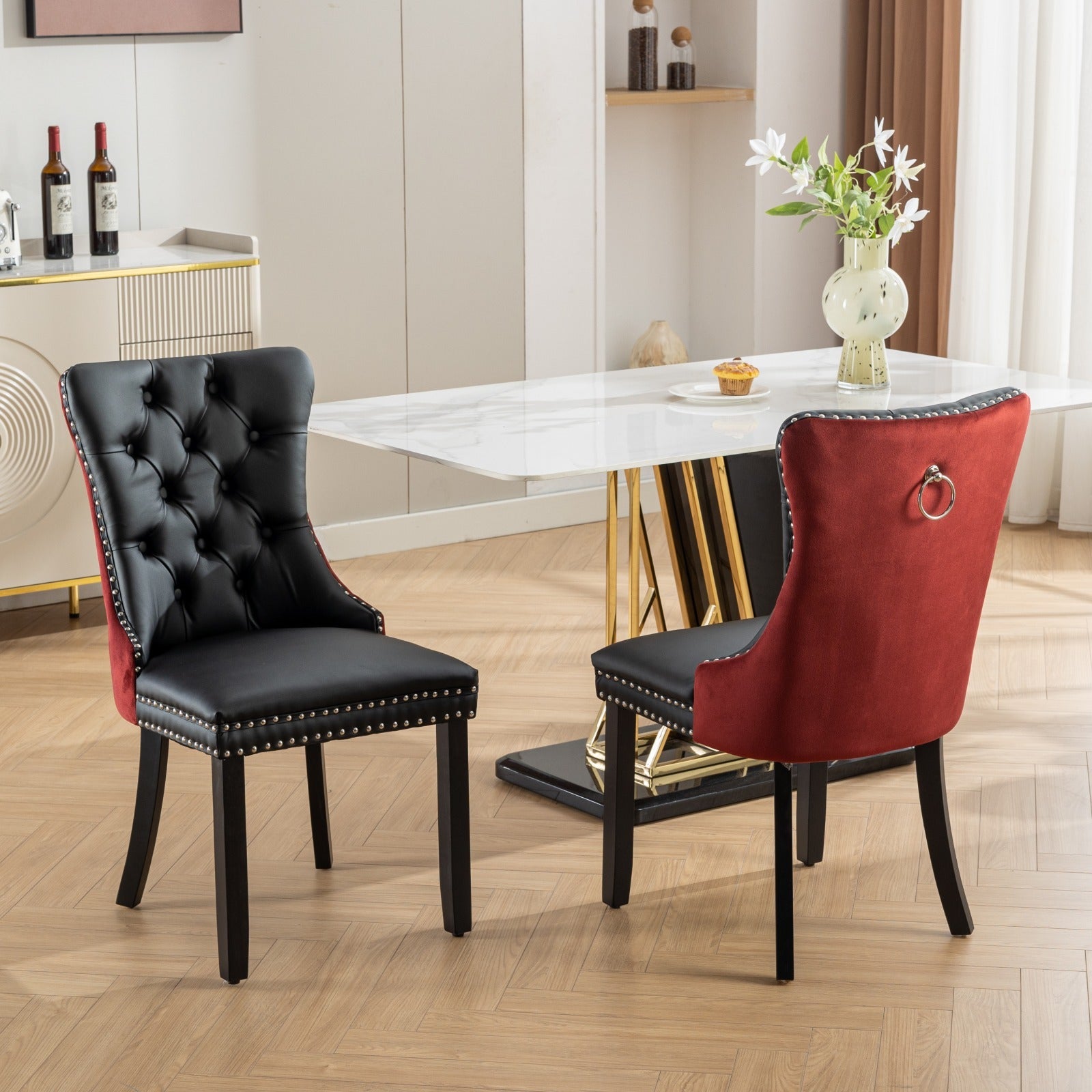 A&A Furniture, Nikki Collection Modern, High-end Tufted Solid Wood Contemporary PU and Velvet Upholstered Dining Chair with Wood Legs Nailhead Trim  2-Pcs Set, Black+WineRed, Burgundy,SW2101BW - Grand Goldman Shop