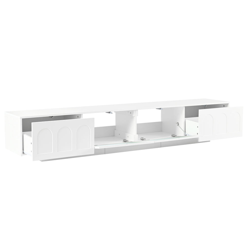 ON-TREND TV Stand with Fluted tempered Glass Doors for TVs Up to 95'', Functional Media Console with Arched Cabinet Doors, Entertainment Center with APP-Controlled LED Light for Living Room, White - Grand Goldman Shop