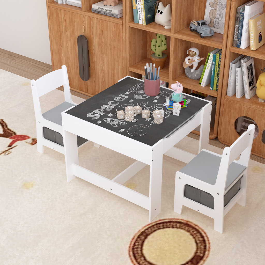Kids Table and Chair Set, 3 in 1 Wooden Activity Table with Storage Drawer for Toddlers Drawing, Reading, Crafts, 2 in 1 Deta