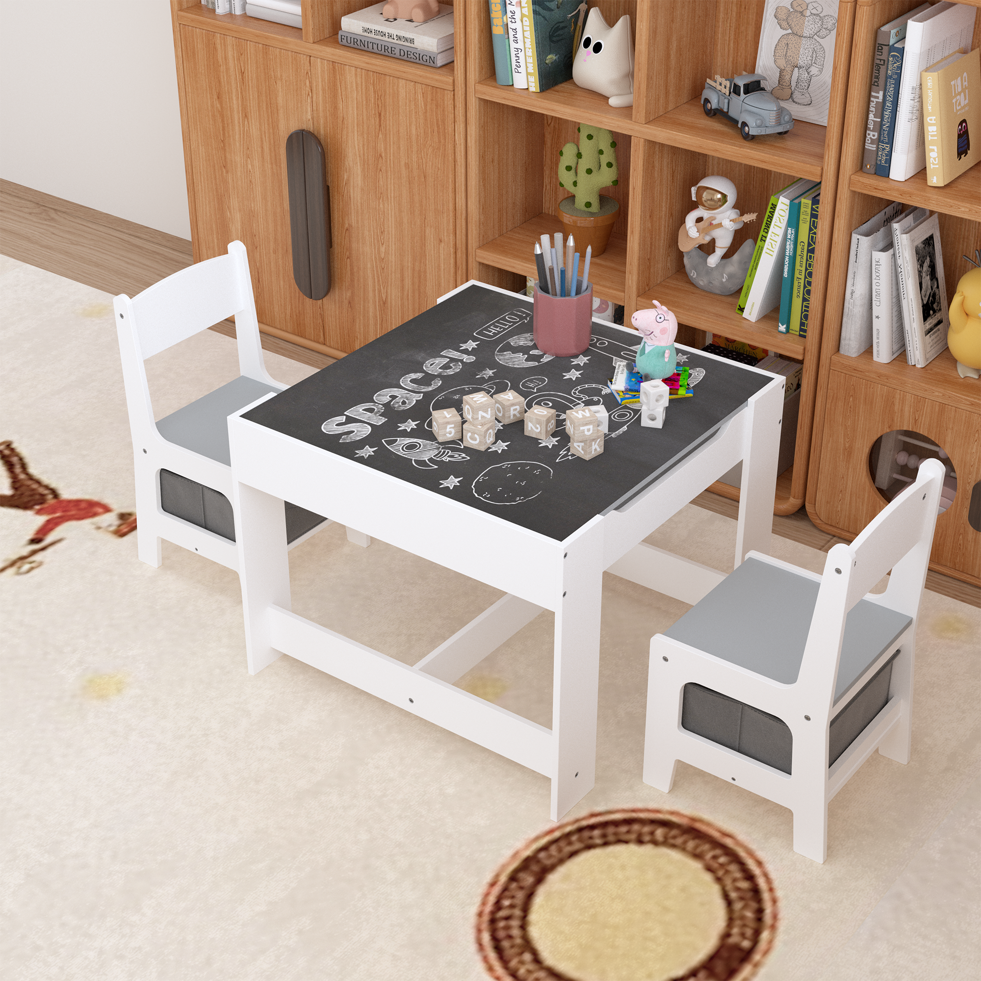 Kids Table and Chair Set, 3 in 1 Wooden Activity Table with Storage Drawer for Toddlers Drawing, Reading, Crafts, 2 in 1 Deta