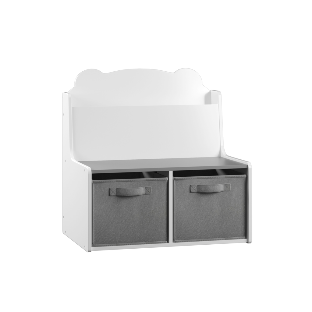 Kids Bookshelf with Storage Bins – Wooden Bookcase with Book Display Shelf and 2 Fabric Bins, Cute Bear-Shaped Backboard, Toy