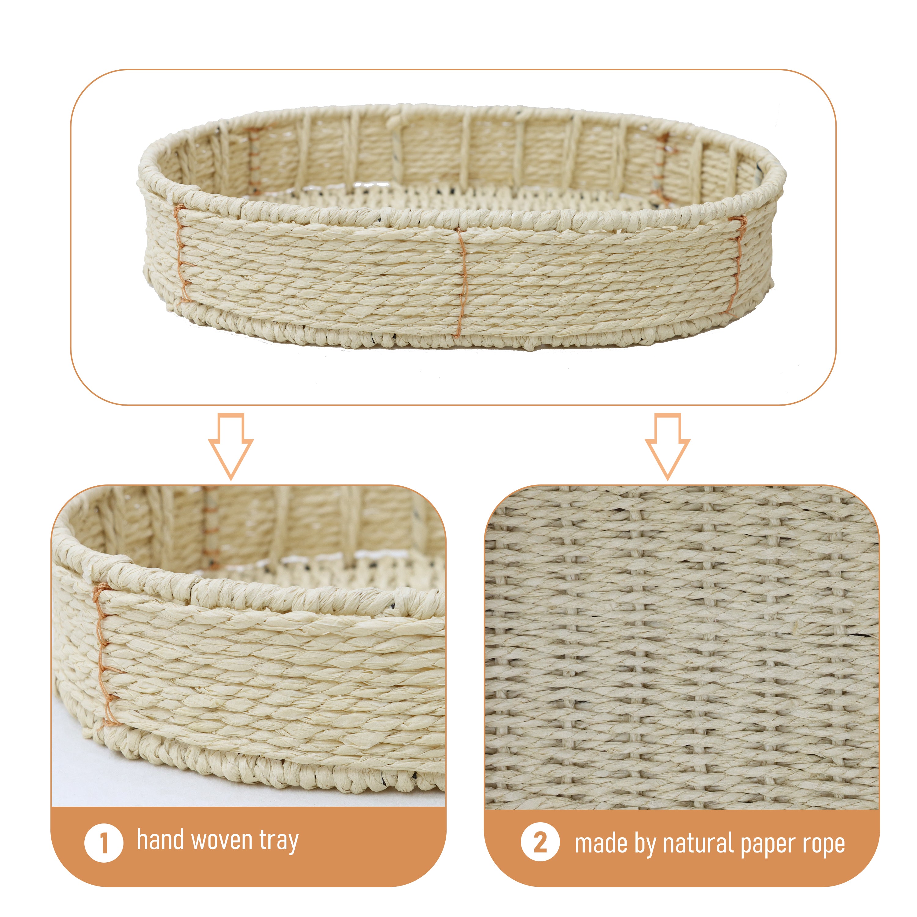 Farmhouse Style 3 Tiers Tray Tables Paper Rope Woven Side Table with Oval Storage Basket in Natural - Grand Goldman Shop