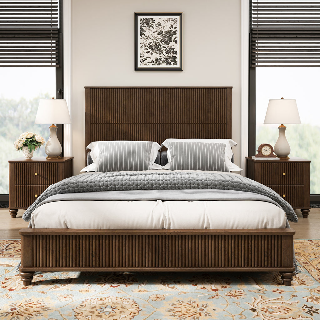 3-Piece Bedroom Set with Queen Bed and 2 Nightstands, Walnut Brown - Grand Goldman Shop