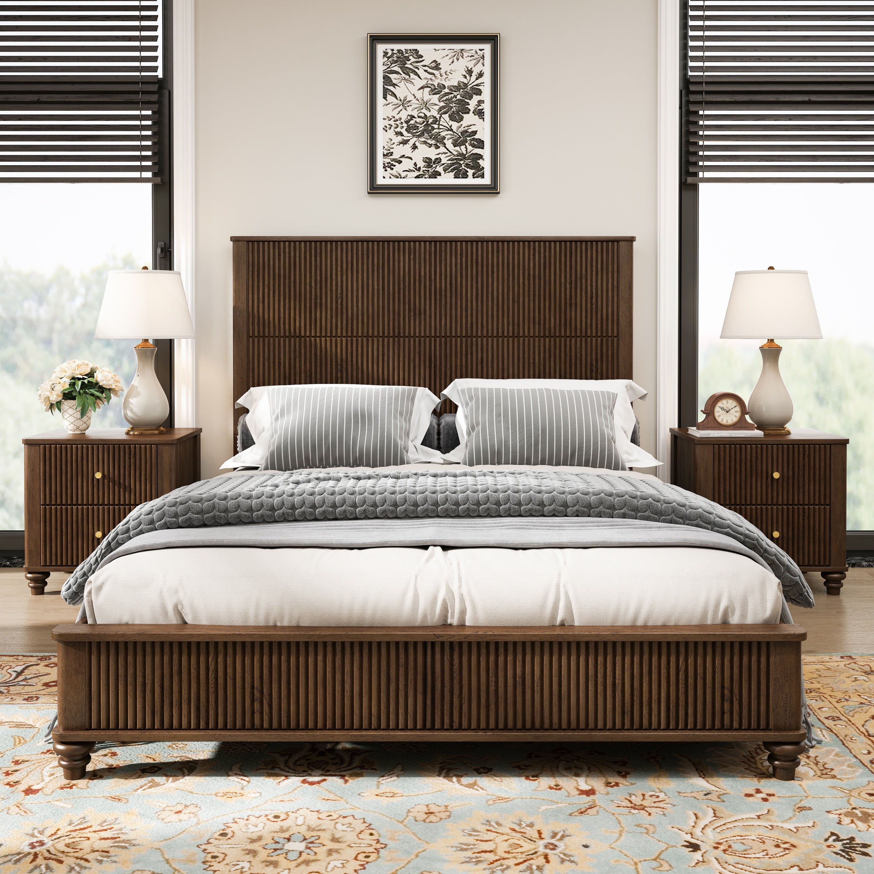 3-Piece Bedroom Set with Queen Bed and 2 Nightstands, Walnut Brown - Grand Goldman Shop