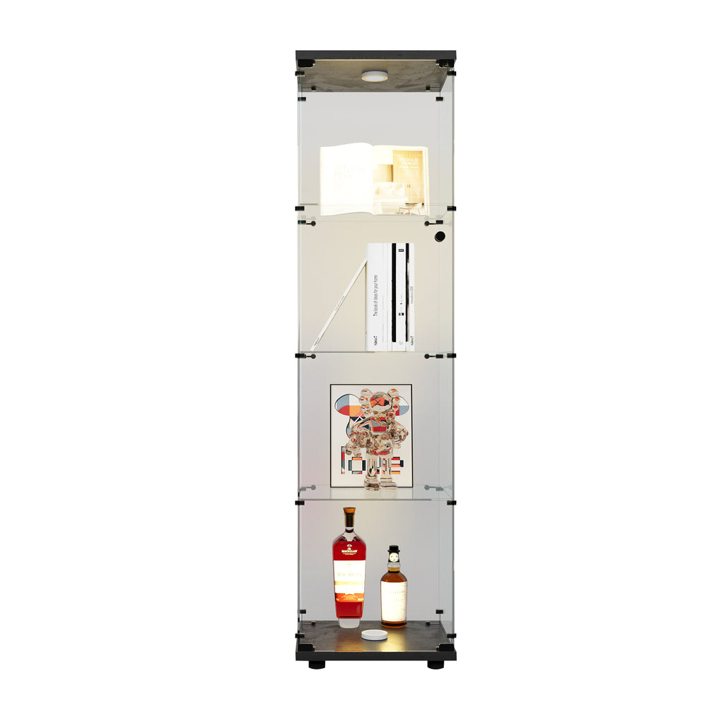 LED lights  Glass Display Cabinet 4 Shelves with Door, Floor Standing Curio Bookshelf for Living Room Bedroom Office, 64.7'*1