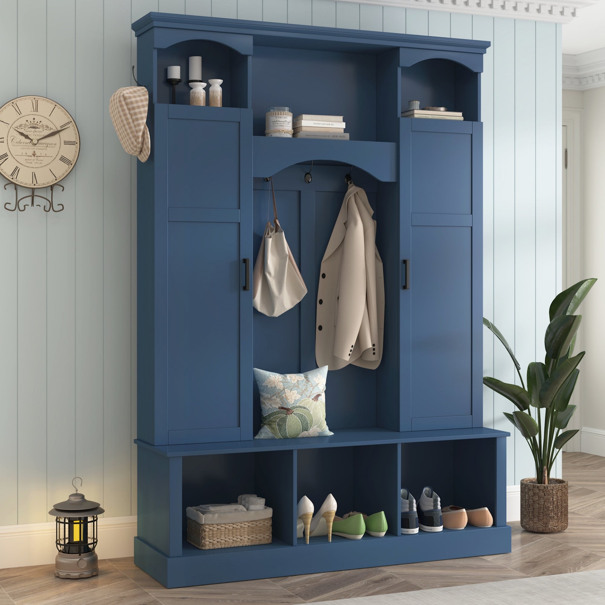 ON-TREND Modern All-in-One Hall Tree with Adjustable Shelves, Classic Arched Farmhouse Storage Bench with Dual Side Cabinets, Elegant Entryway Organizer with 7 Hooks for Mudroom, Hallway, Blue - Grand Goldman Shop