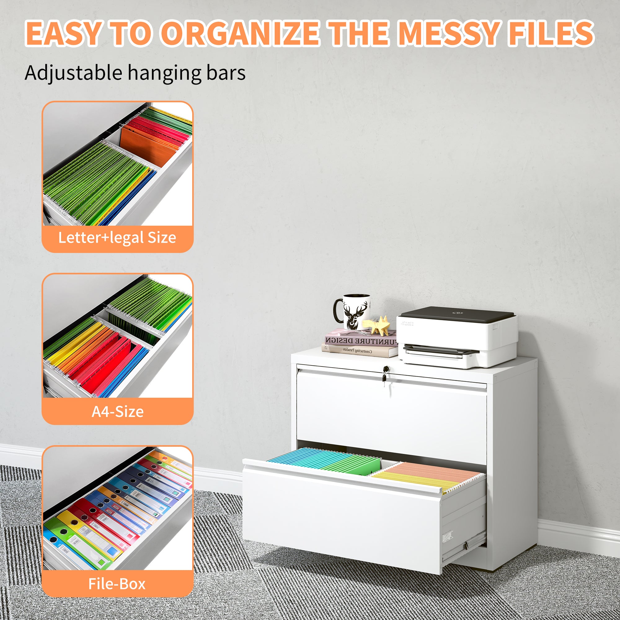 Lateral File Cabinet 2 Drawer, 35.4 Inch Wide Metal Filing Cabinet for Home Office, Locking File Cabinet with Anti-Tip Interl