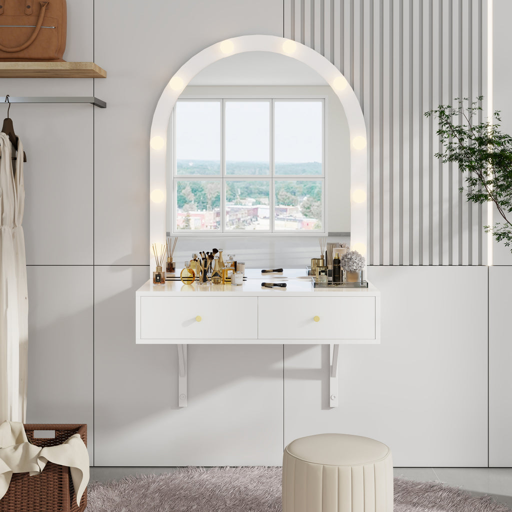 Floating Makeup Vanity Desk with Mirror & 3-Color Lights, Wall Dressing Table with Power Outlet, Compact vanity, Large Storage, White - Grand Goldman Shop