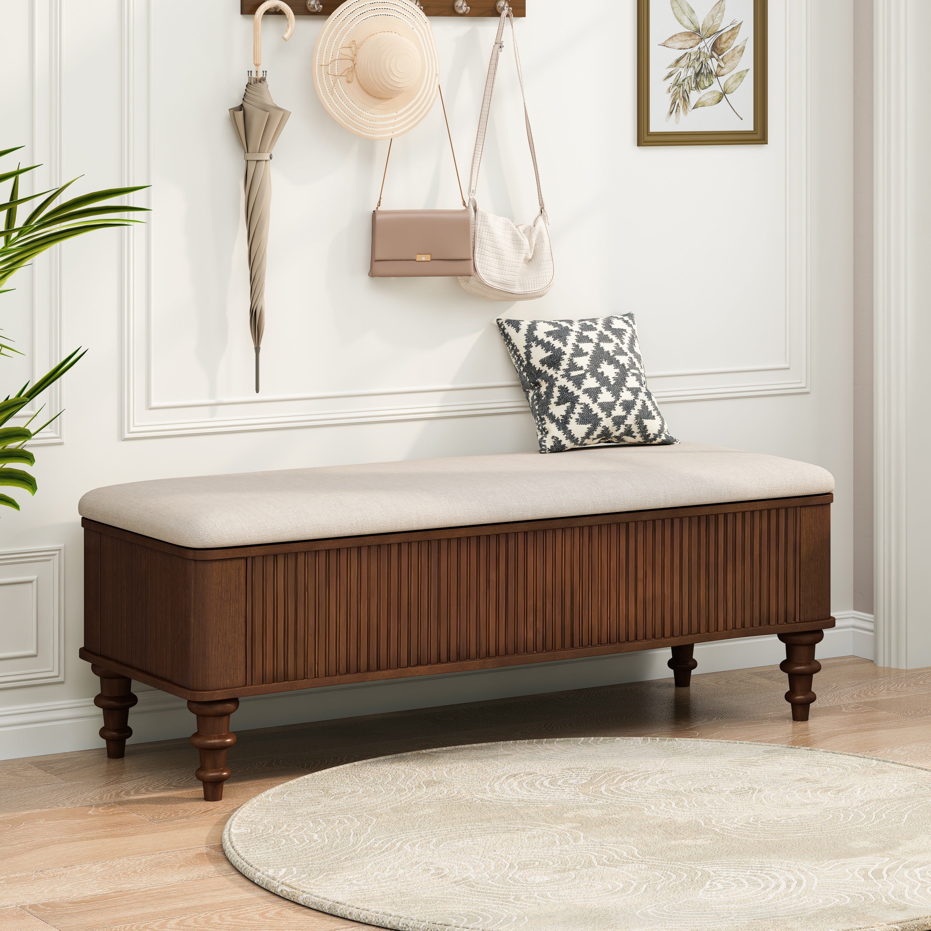 Walnut Multi-Functional Storage Ottoman Bench with Linen Seat, Solid Rubberwood Bed End Bench for Bedroom, Entryway, Living Room, Closet - Grand Goldman Shop