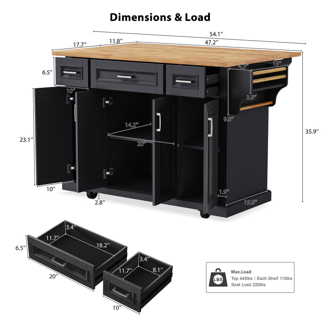 K&K 54inch Large Kitchen Island with Rubber Wood Drop Leaf, Embossed Texture Rolling Kitchen Cart on 4 Wheels with 4 Doors and 3 Drawers, Kitchen Island with Storage for Kitchen, Dining Room,Black - Grand Goldman Shop