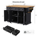 K&K 54inch Large Kitchen Island with Rubber Wood Drop Leaf, Embossed Texture Rolling Kitchen Cart on 4 Wheels with 4 Doors and 3 Drawers, Kitchen Island with Storage for Kitchen, Dining Room,Black - Grand Goldman Shop