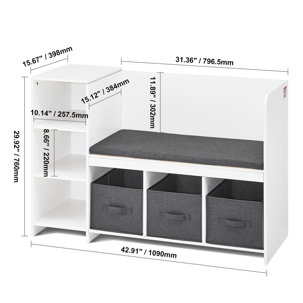 Kids Reading Nook Bench, Toddler Bookshelf and Bookcase with Detachable Seat Cushion, 6-Cubby Storage Organizer Bench with 3 
