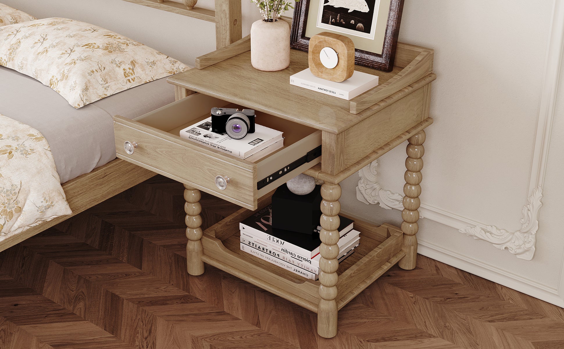 Retro Style Nightstand with Drawer and Open Shelf for Bedroom, Bedside Table with Turned Legs and Metal Handle,Natural - Grand Goldman Shop