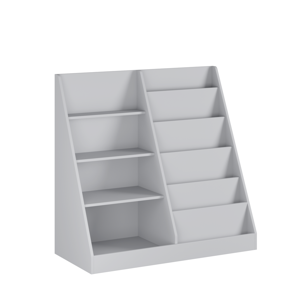 Kids Bookshelf and Toy Storage Organizer, 4-Tier Wooden Bookcase with Display Stand in Gray MDF for Nursery, Playroom, or Chi