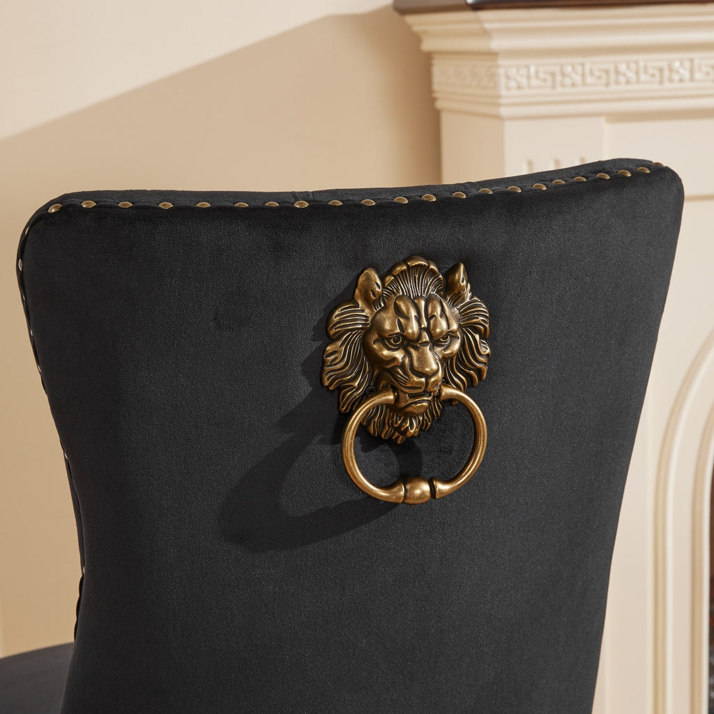 Mid-Century Modern Chairs with Lion Head Pull Ring,High-end Tufted Solid Wood Contemporary Velvet Upholstered Dining Chair with Golden Wooden Legs Nailhead Trim 2-Pcs Set,Black,SW1201BK - Grand Goldman Shop