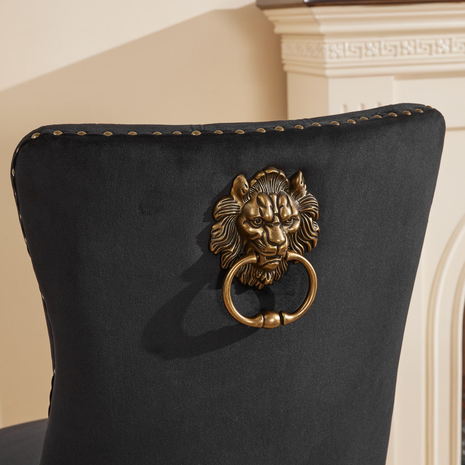 Mid-Century Modern Chairs with Lion Head Pull Ring,High-end Tufted Solid Wood Contemporary Velvet Upholstered Dining Chair with Golden Wooden Legs Nailhead Trim 2-Pcs Set,Black,SW1201BK - Grand Goldman Shop