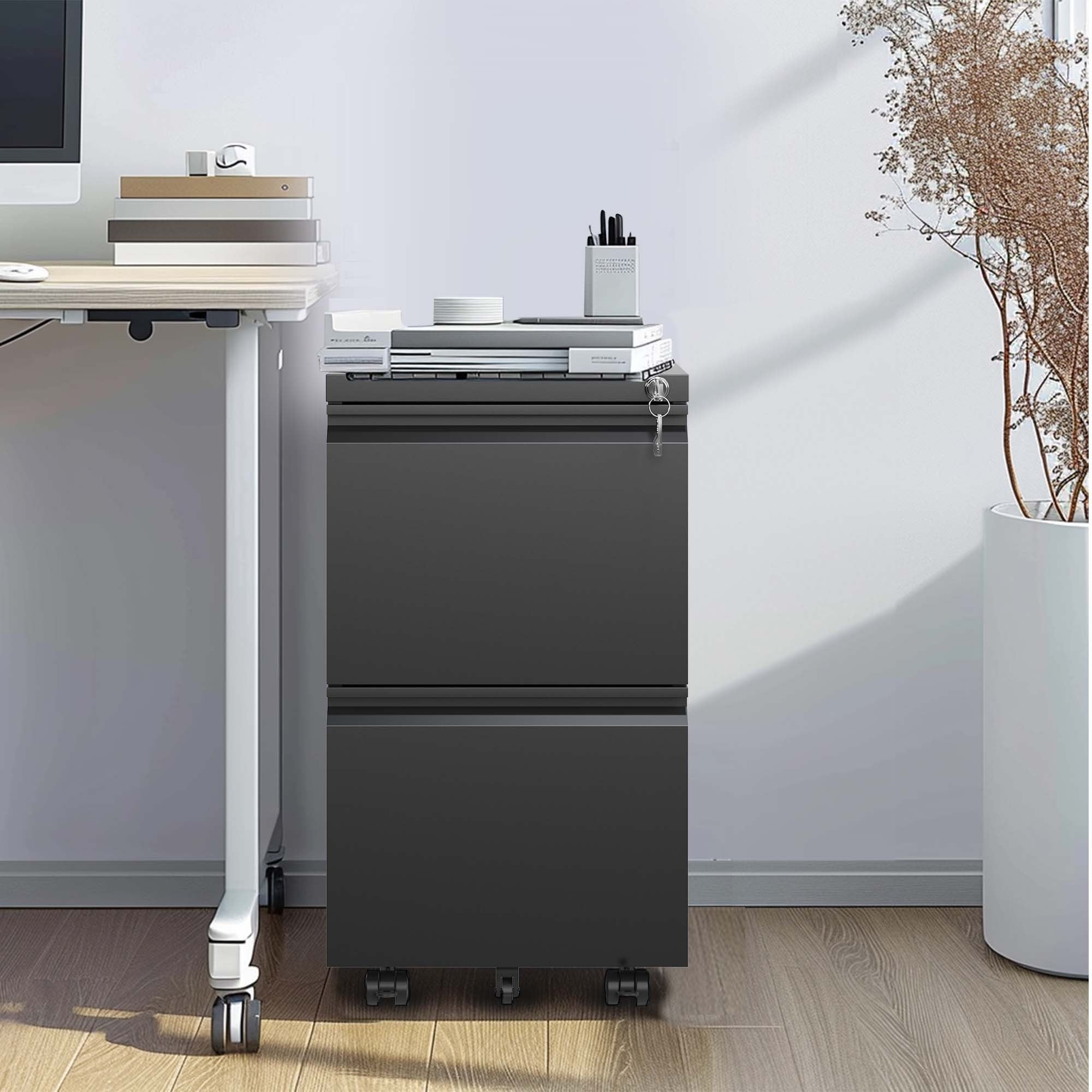 Sleek Modern 2 Drawer Metal Mobile File Cabinet with Lock, Black, Compact Size | Premium Home Decor - Grand Goldman