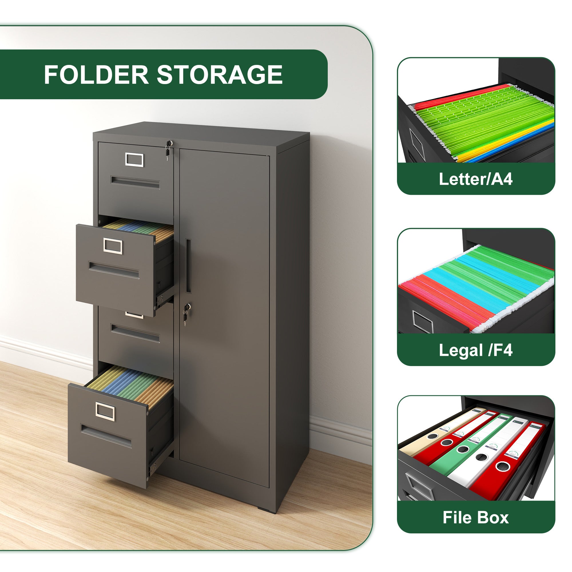 Sleek Black Metal Storage Vertical Filing Cabinet with Lock, 4-Drawer and 1-Door Steel File Locker for Home Office | Premium 