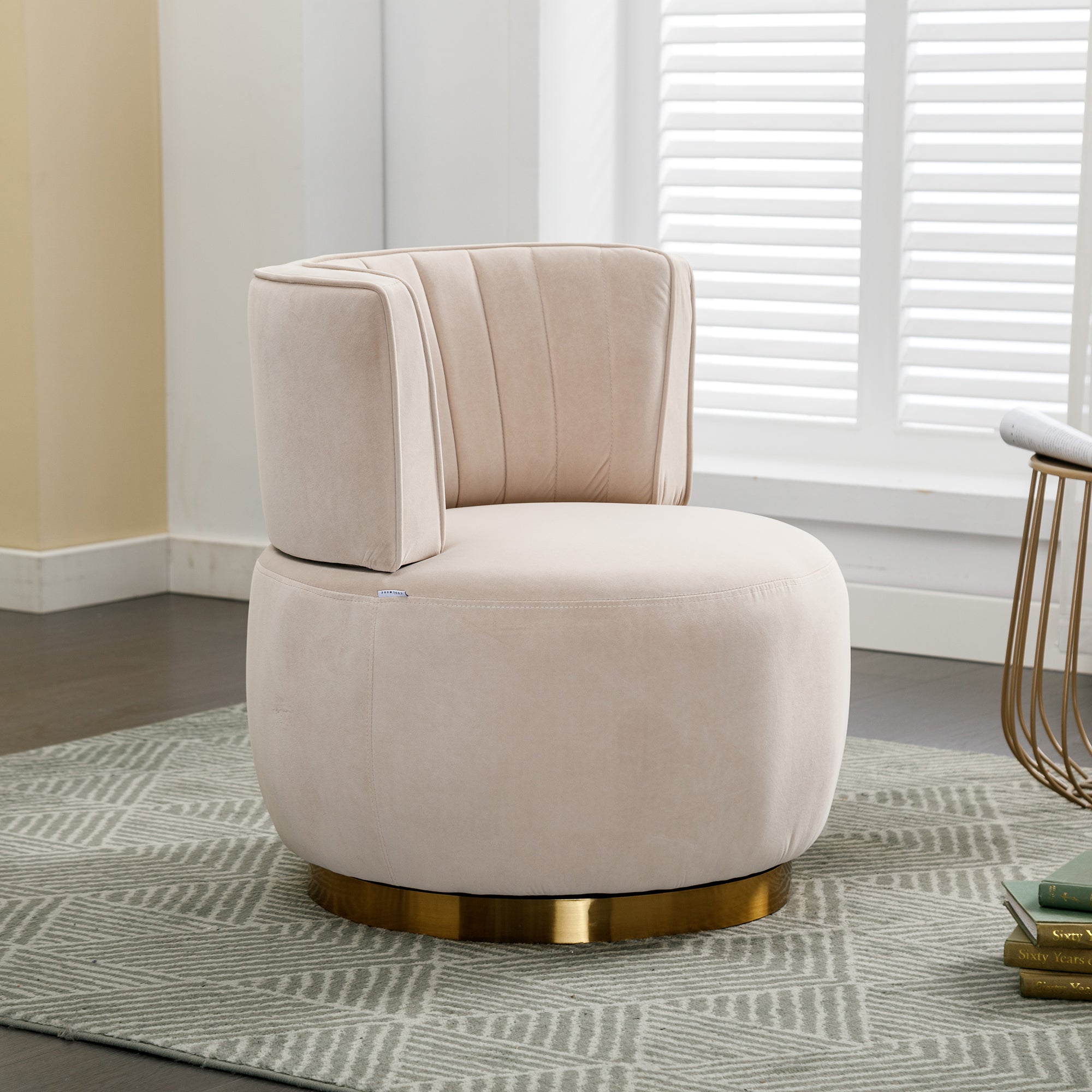 Swivel Barrel Accent Sofa Chair, 360 Degree Rotation, Fluffy Velvet Fabric, Beige, 25.20'' x 25.59'' x 26.38'' - Grand Goldman Shop