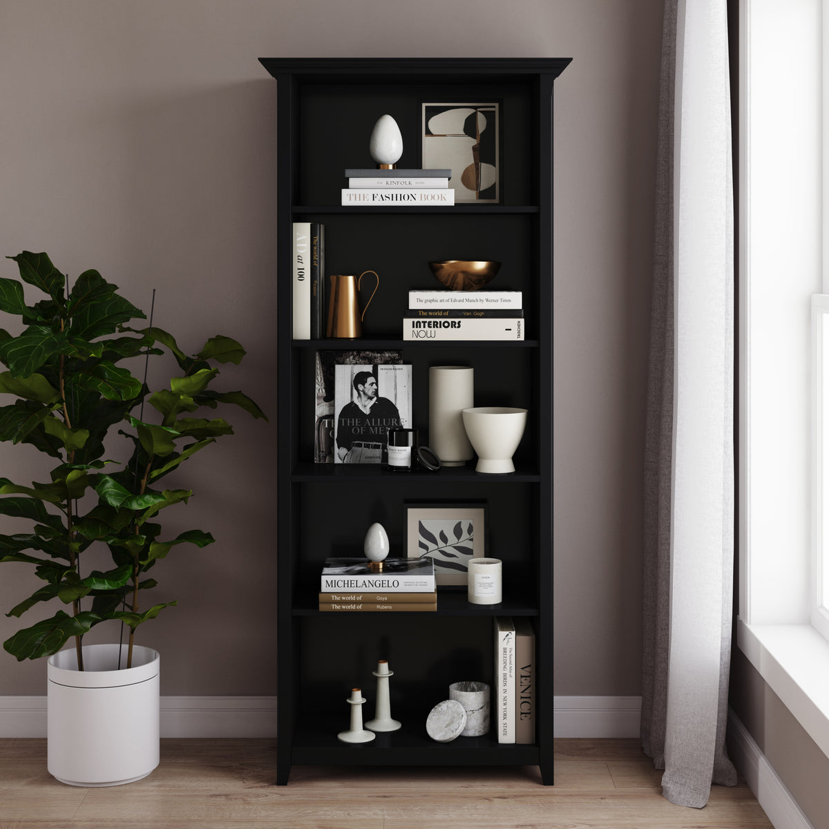 Amherst 30 inch Solid Wood 5 Shelf Bookcase in Black - Grand Goldman