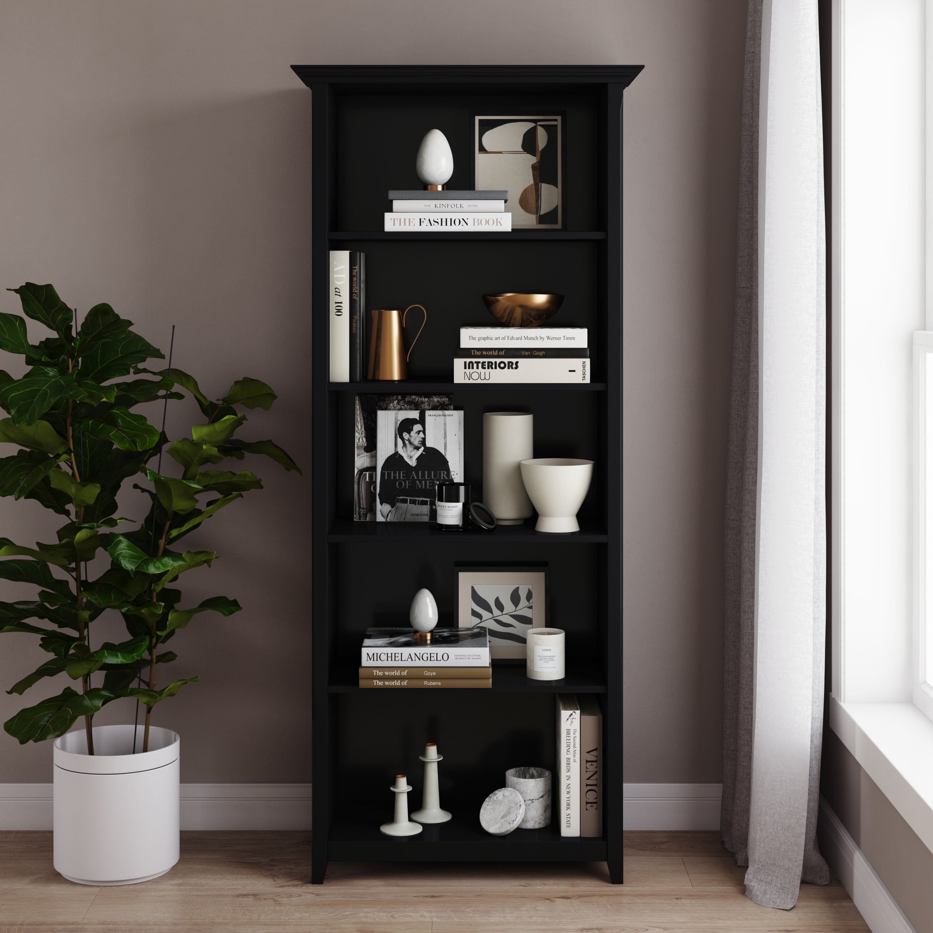 Amherst 30 inch Solid Wood 5 Shelf Bookcase in Black - Grand Goldman