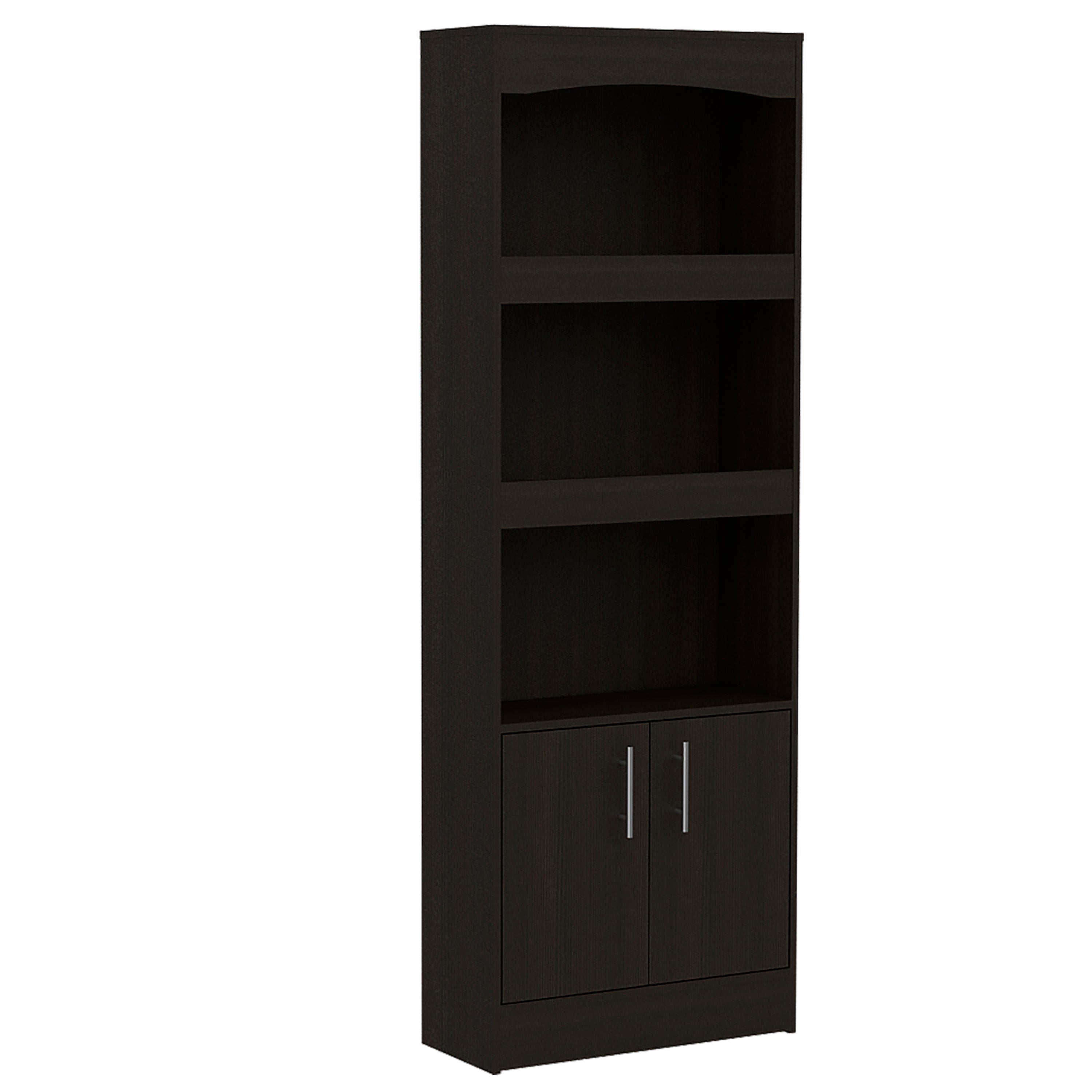 Bookcase, Three Shelves, Double Door Cabinet, Metal Hardware, Black - Grand Goldman