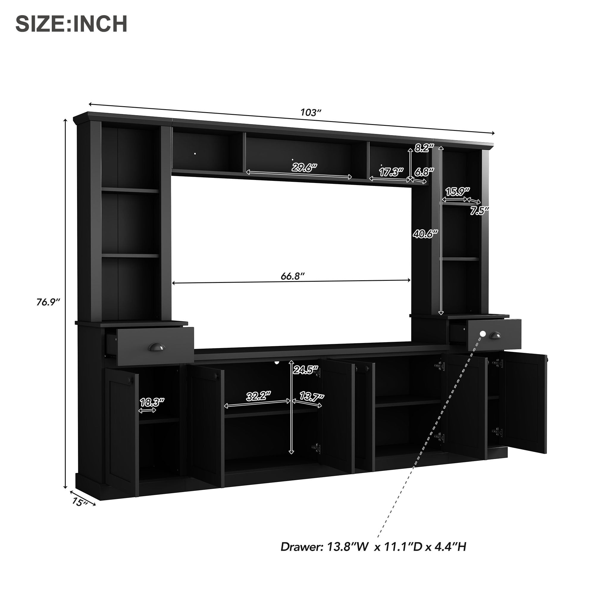 Minimalist Entertainment Wall Unit Set with Bridge for TVs Up to 75'', Ample Storage Space TV Stand with Adjustable Shelves, Modernist Large Media Console for Living Room, Black - Grand Goldman Shop