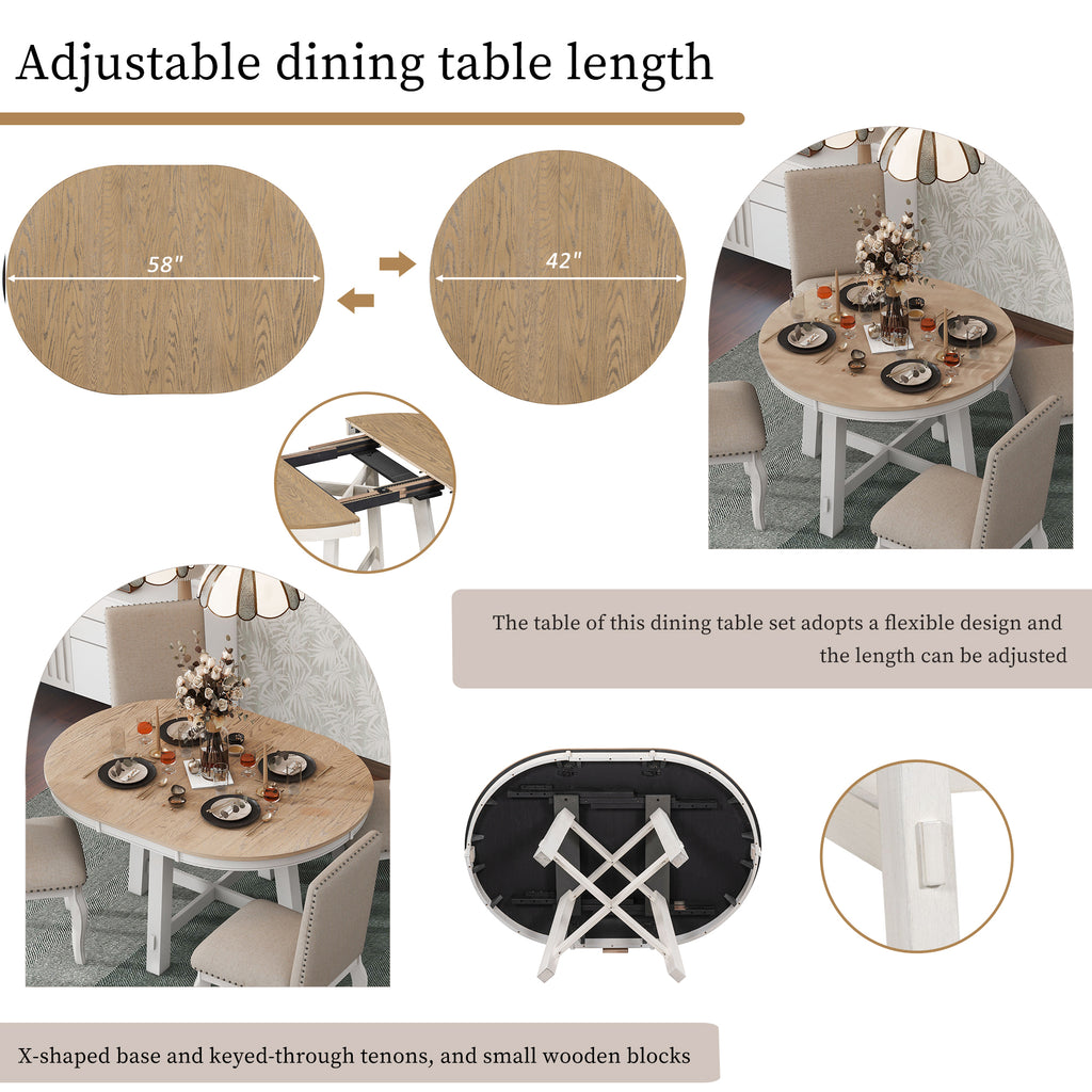 TREXM Farmhouse Round Extendable Dining Table with 16' Leaf Wood Kitchen Table (Oak Natural Wood + Antique White) - Grand Goldman Shop