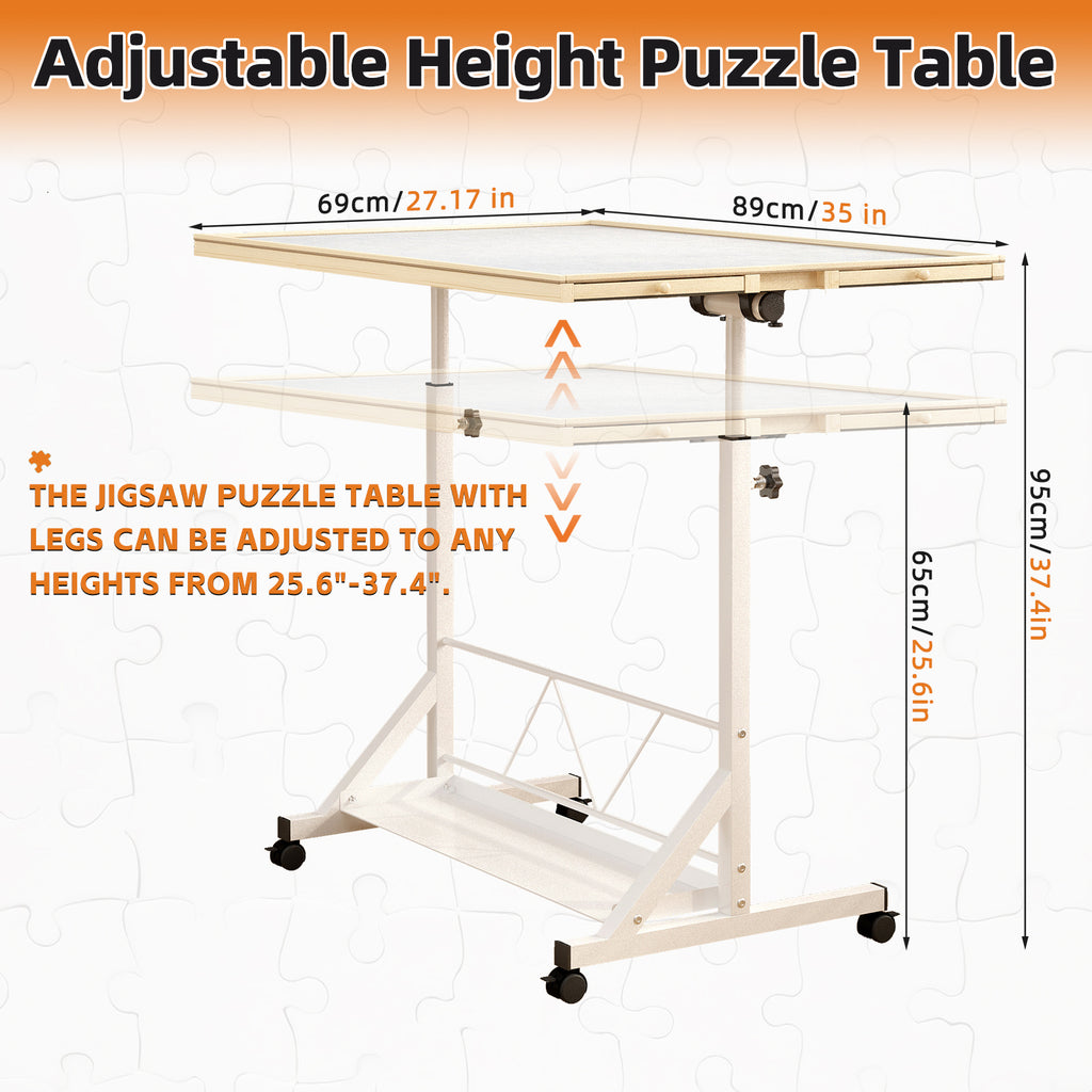 (WHITE) Wooden 1500 Piece Puzzle Table with Drawer, 35'*27.17' Adjustable Puzzle Table, 360° Tilting Puzzle Table with Legs a