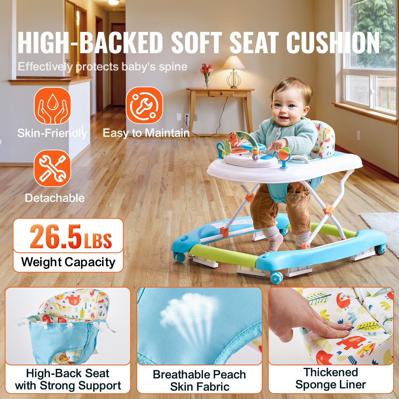 4-in-1 Baby Walker, Foldable Baby Activity Center on Wheels, 3 Adjustable Height, Music & Toys Tray, Learning-Seated,Walk-Beh