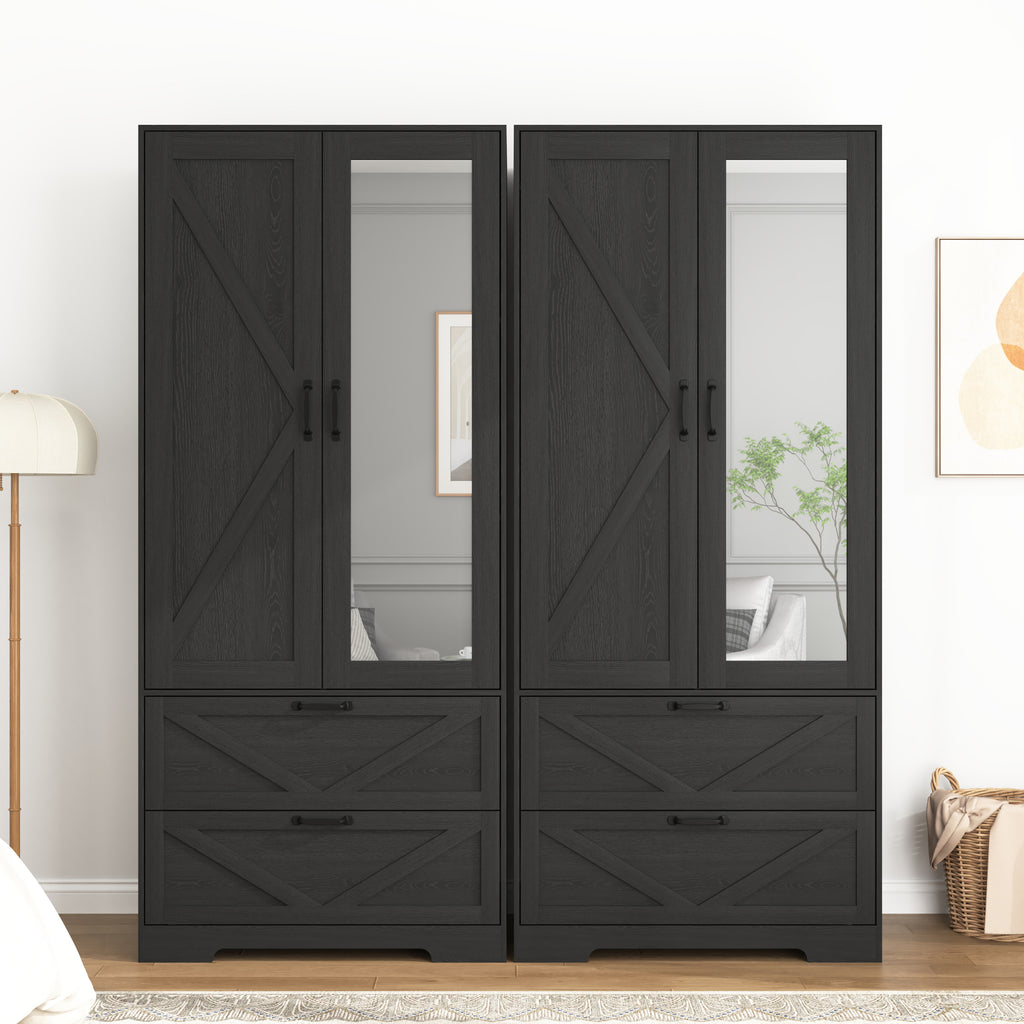 2 Door Wood Wardrobe for Bedroom with Hanging Clothing Rod inside the Cabinet and 2 Drawers for Storage Organization, Built-in induction light Multifunctional Closet with Mirror, Black - Grand Goldman Shop