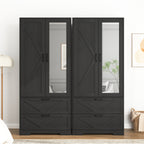 2 Door Wood Wardrobe for Bedroom with Hanging Clothing Rod inside the Cabinet and 2 Drawers for Storage Organization, Built-in induction light Multifunctional Closet with Mirror, Black - Grand Goldman Shop