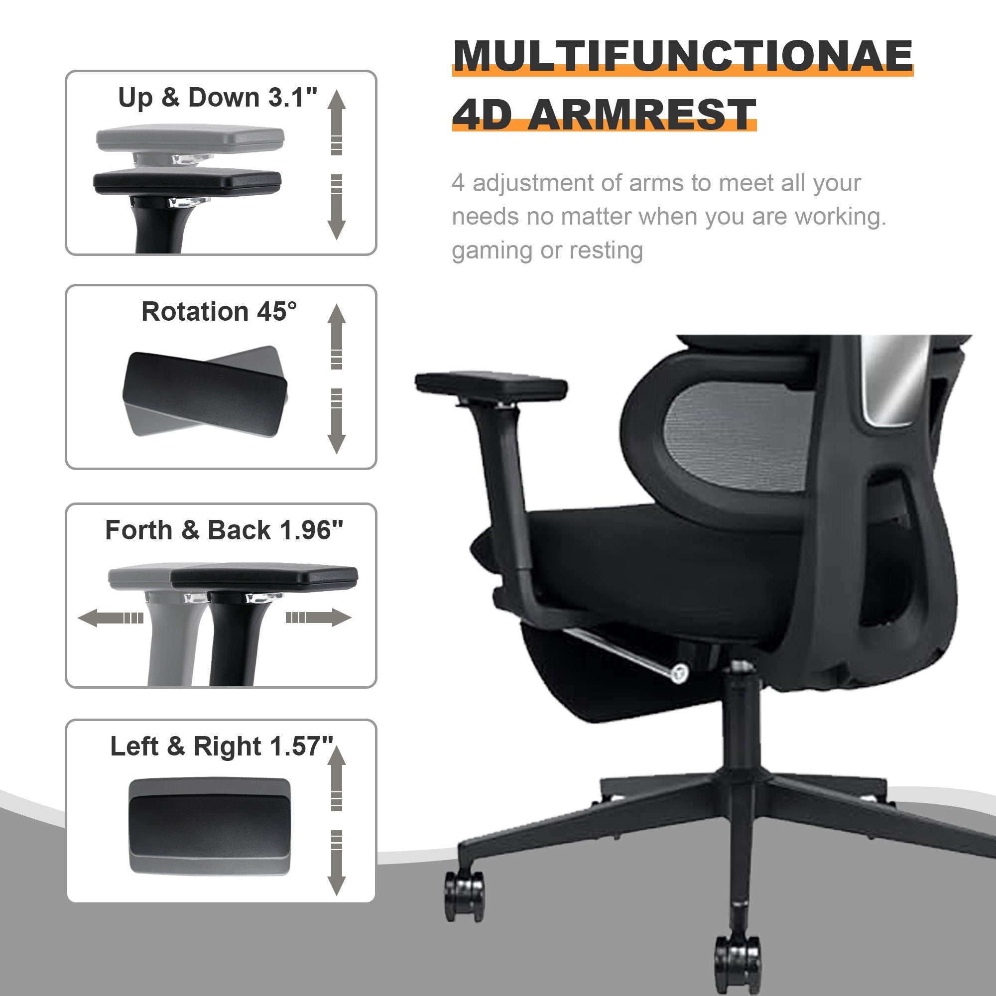 Ergonomic Office Chair with Footrest, High-back Computer Chair with Dynamic Lumbar Support, 2D Headrest & 4D Armrests, Sponge