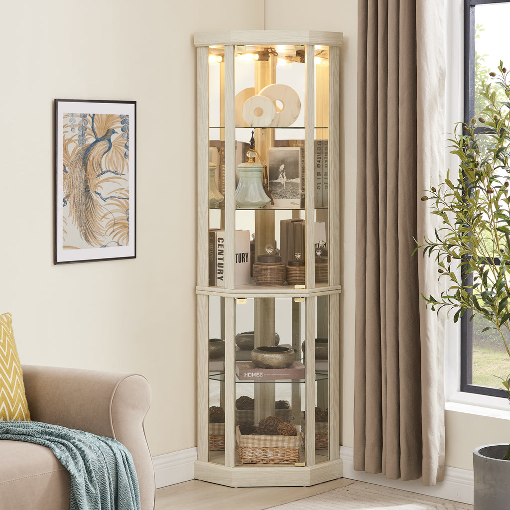 Corner Lighted Curio Cabinet Corner Glass Cabinet Lighted Curio Cabinet Corner Display Case for Living Room, Curio Cabinet, Antique collection, Wine,Bar Glass Storage Light Included,Antique White - Grand Goldman Shop