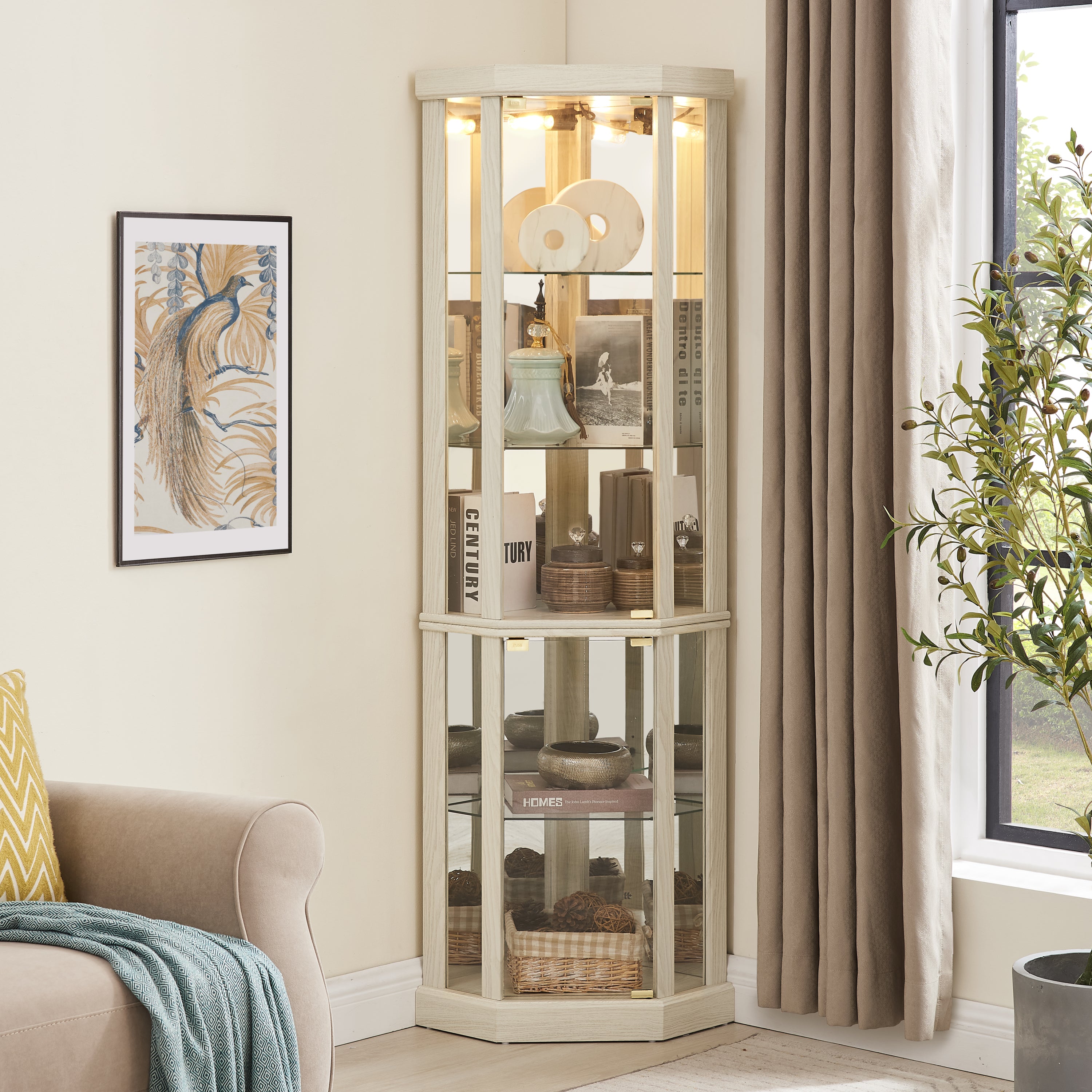 Corner Lighted Curio Cabinet Corner Glass Cabinet Lighted Curio Cabinet Corner Display Case for Living Room, Curio Cabinet, Antique collection, Wine,Bar Glass Storage Light Included,Antique White - Grand Goldman Shop