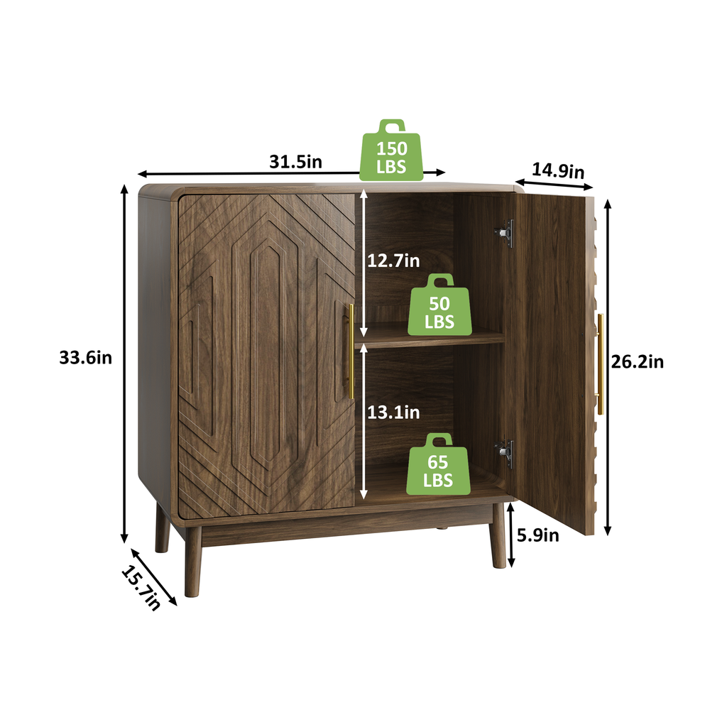 Modern Sideboard Buffet Cabinet with Carved 2 Doors and Adjustable Layer Board for Living Room and Kitchen, Walnut, MDF - Grand Goldman Shop