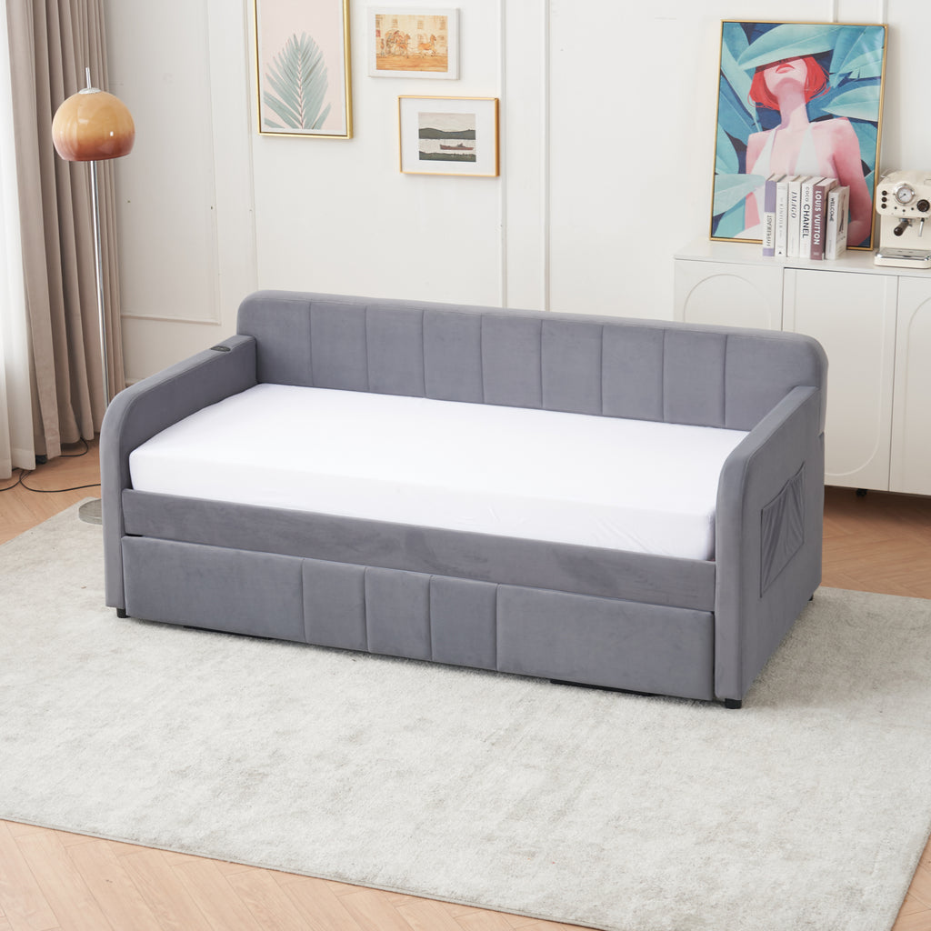 Twin Upholstered Daybed Frame with Trundle, Twin Size Sofa Bed for Bedroom Living Room Guest Room, Wood Slat Support,Grey - Grand Goldman Shop