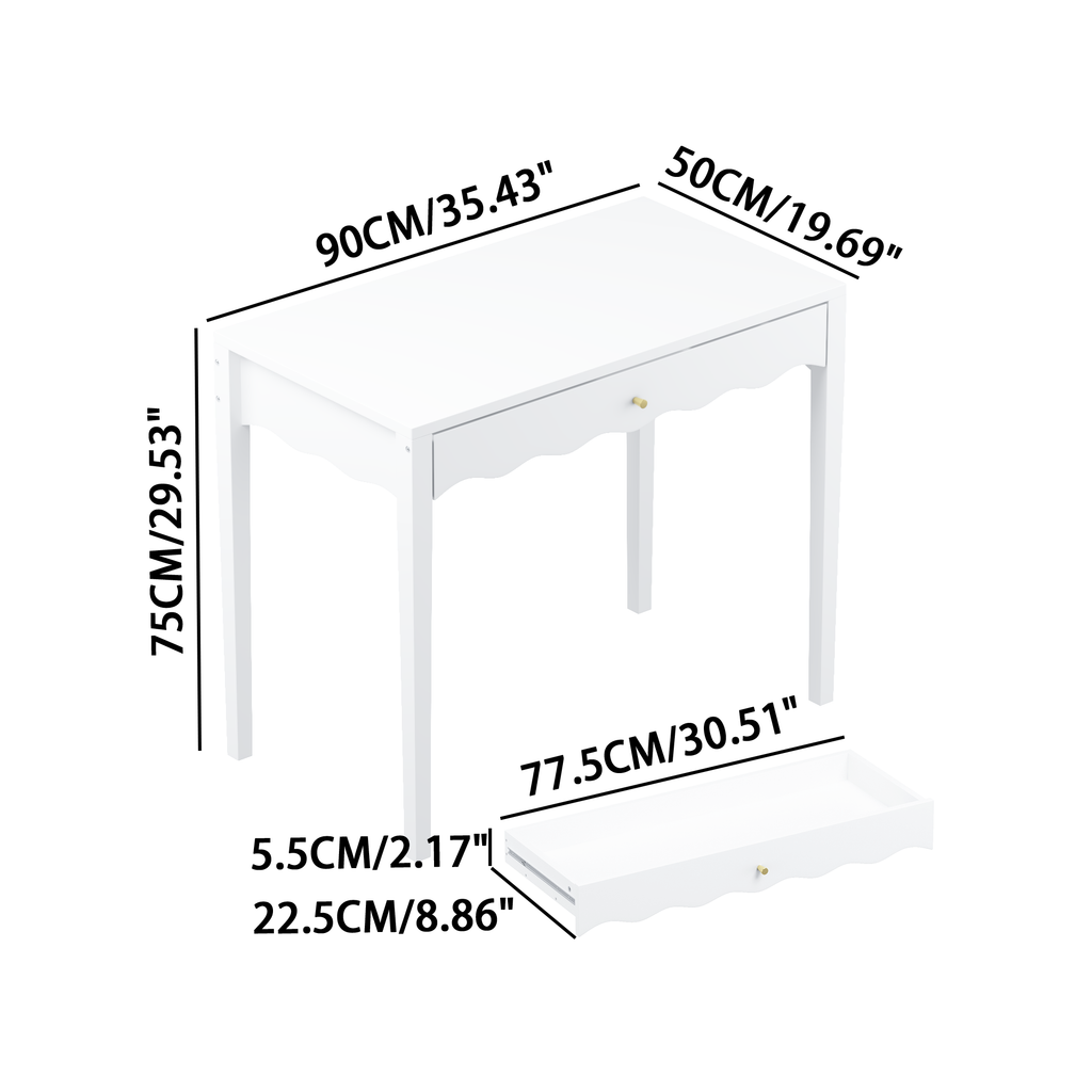 White 35.43' Vanity Desk with Drawer – Modern Makeup Table with Scalloped Front & Gold Knob, Compact Writing Desk with 4 Sturdy Legs for Bedroom, Small Home Office & Apartment Spaces - Grand Goldman Shop