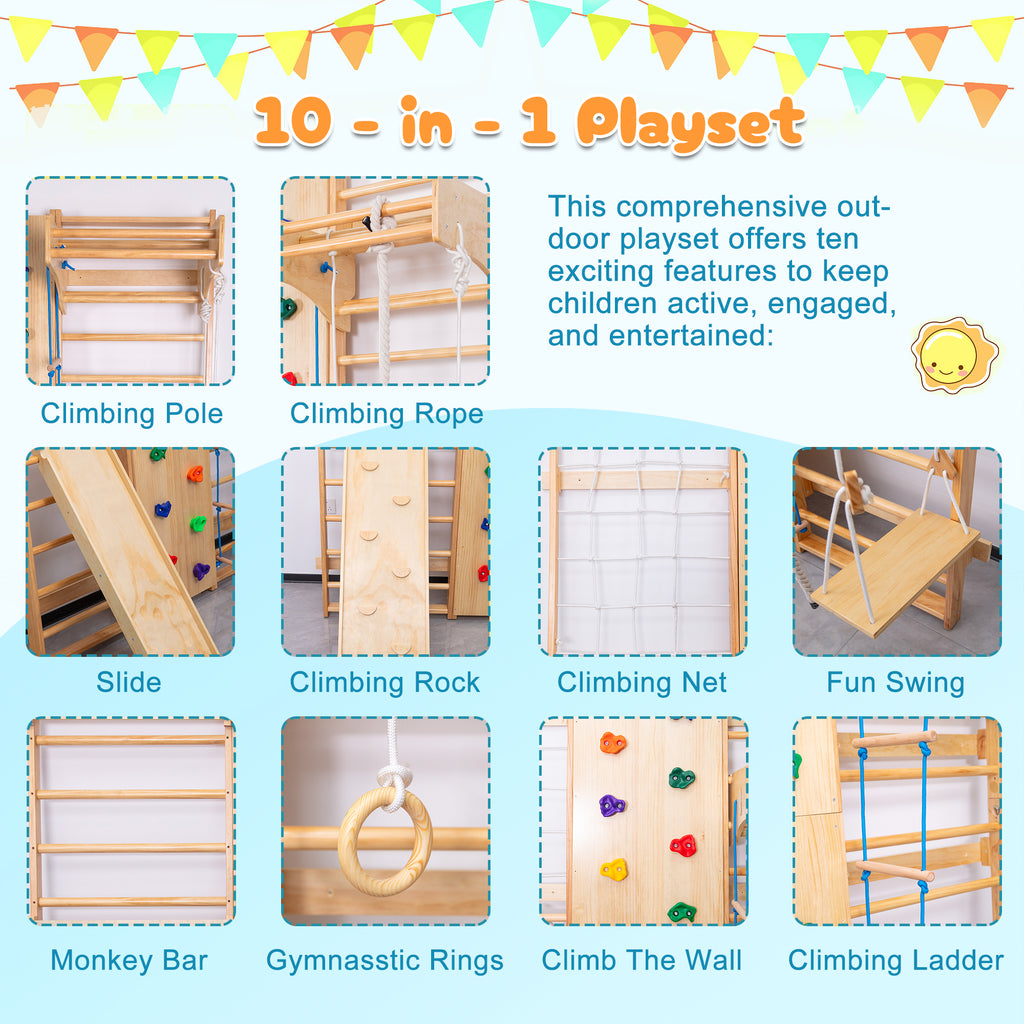 All-in-One 10-in-1 Indoor Climbing Set - Featuring a Rock Climbing Wall, Wooden Swings, Gymnastic Rings, Rope Ladders, and St