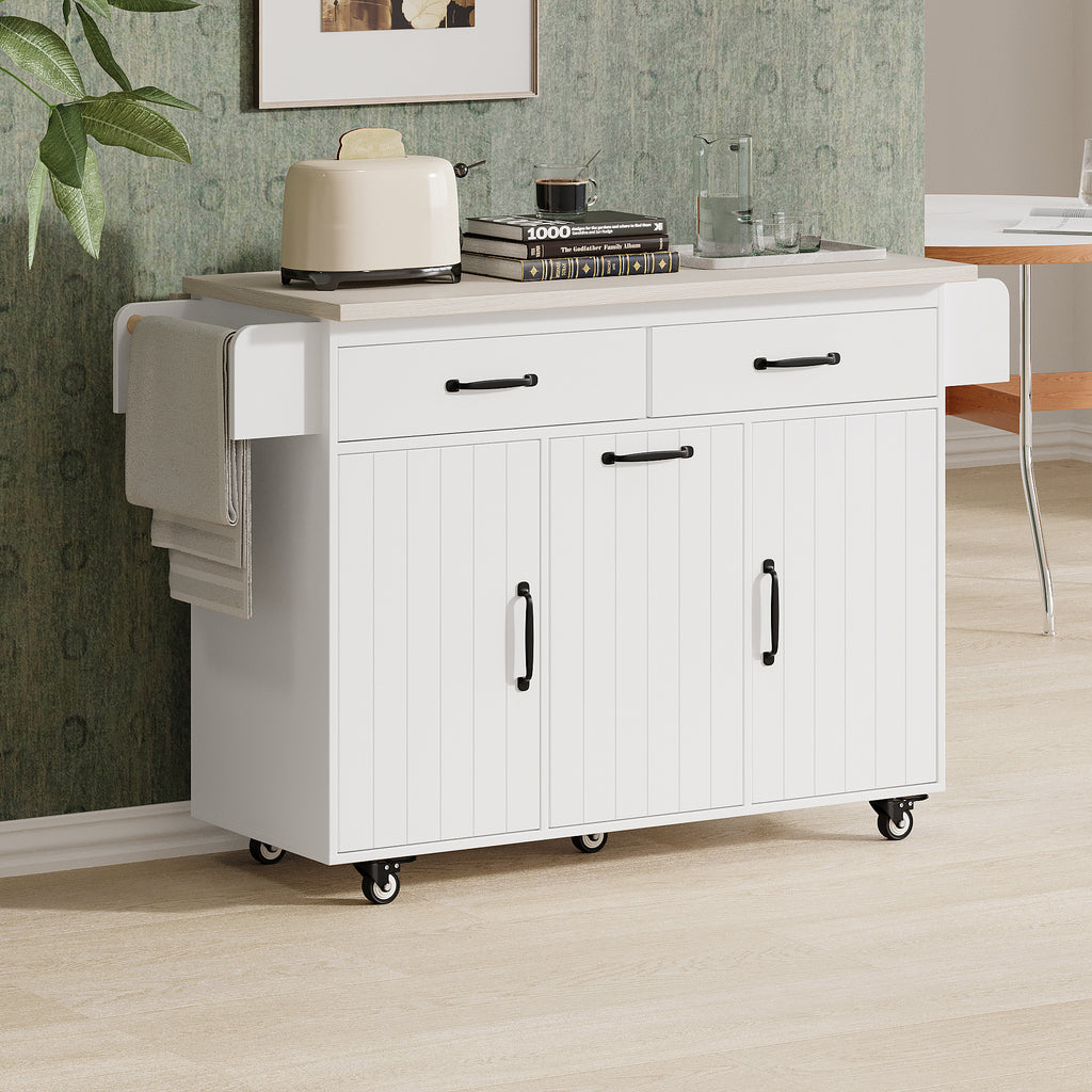 K&K Kitchen Island with Trash Can Storage Cabinet, Kitchen Cart with Drop Leaf, Spice Rack, Towel Rack and Drawer, Rolling Kitchen Island on Wheels with Adjustable Shelf, White - Grand Goldman Shop