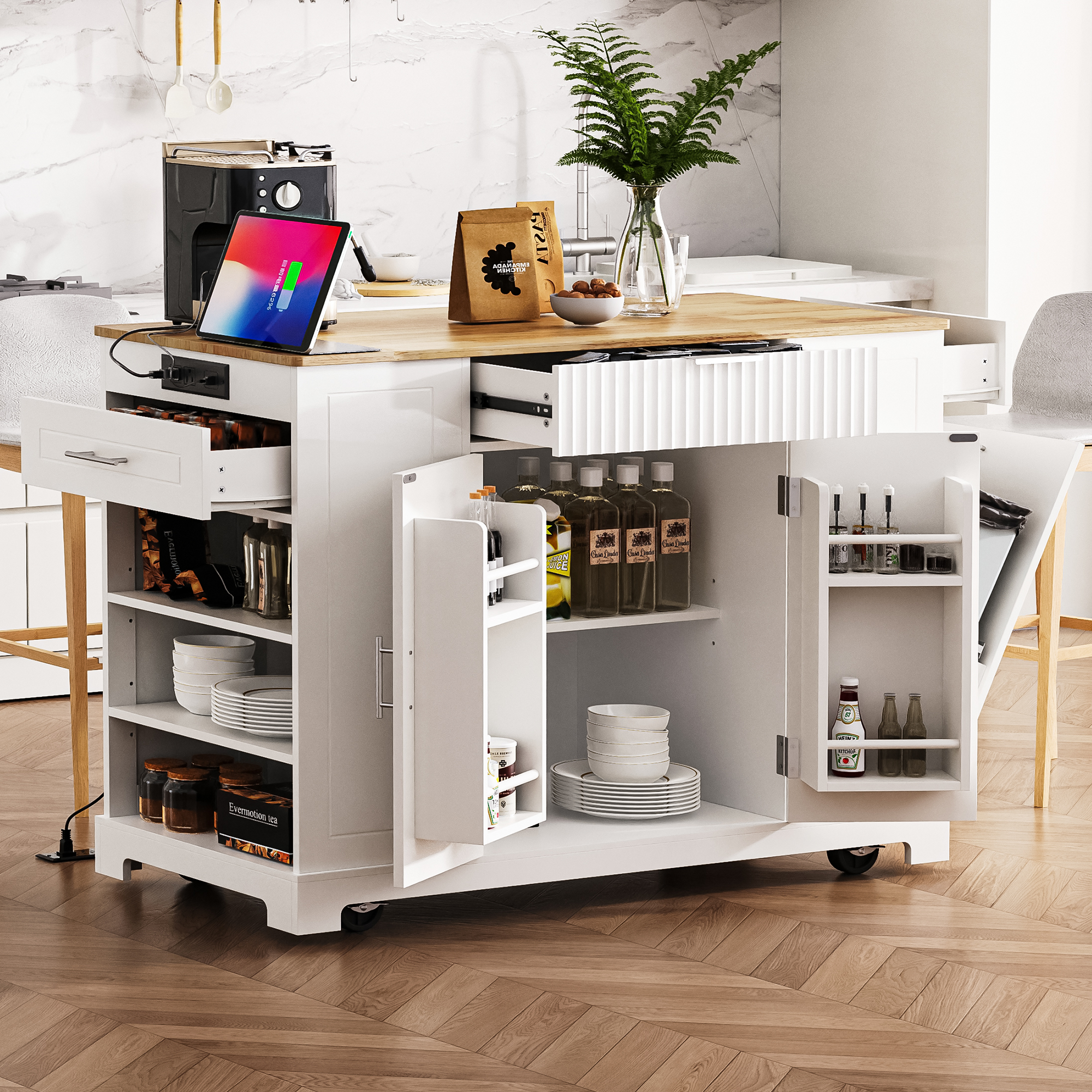 K&K Fluted Kitchen Island with Trash Can Storage Cabinet, Power Outlet, Internal Storage Rack, Rolling Kitchen Islands on 5 Wheels with 3 Drawer, 3 Open Side Racks for 10 Gallon Garbage Bin, White - Grand Goldman Shop