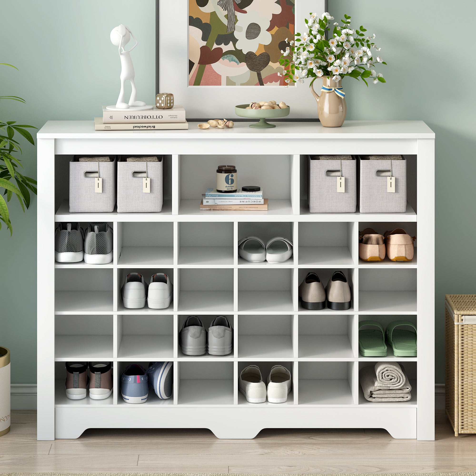 Sleek Design 24 Shoe Cubby Console, Modern Shoe Cabinet - Grand Goldman Shop