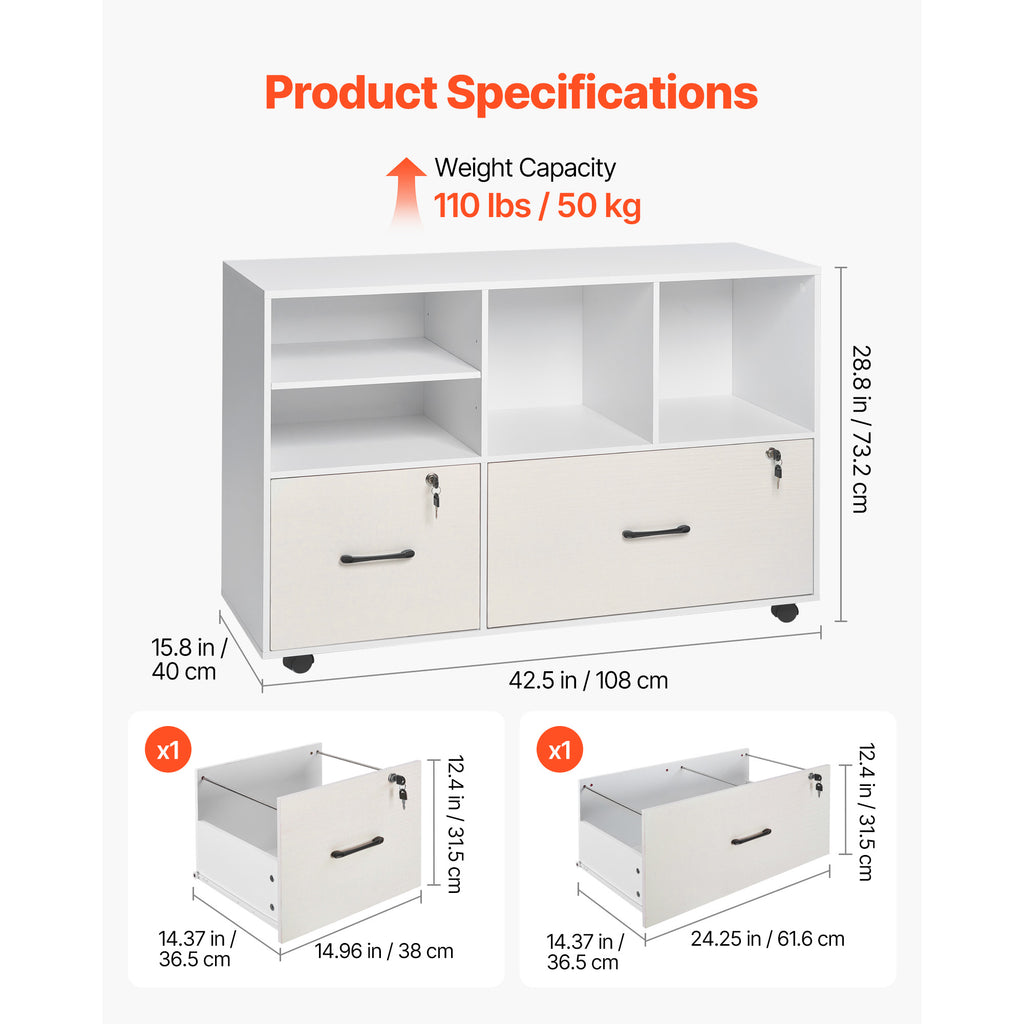 2 Drawer Wooden File Cabinet, Mobile Filing Cabinet with Open Shelves, Lockable Lateral Rolling File Storage with Adjustable 