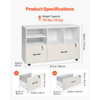2 Drawer Wooden File Cabinet, Mobile Filing Cabinet with Open Shelves, Lockable Lateral Rolling File Storage with Adjustable 
