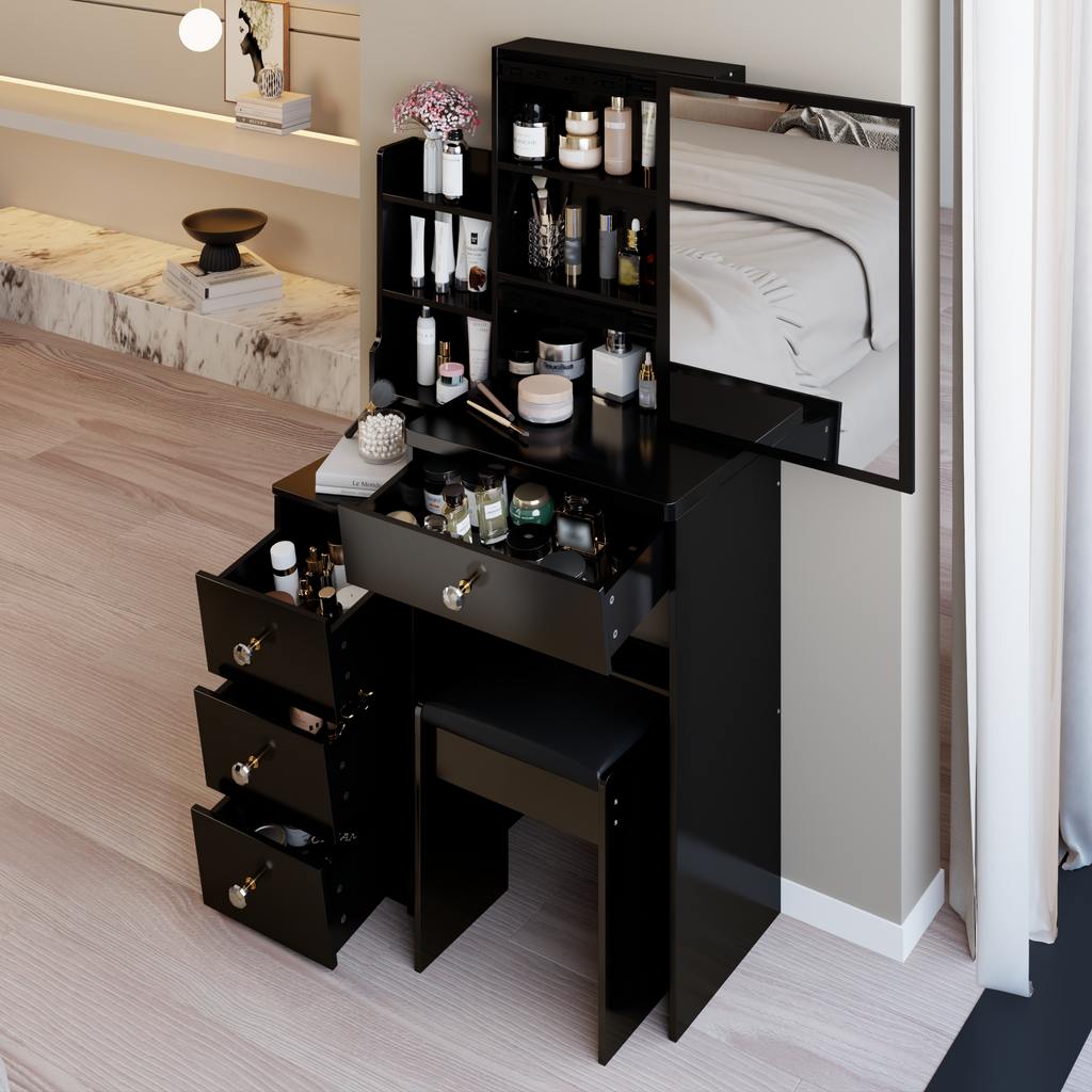 29.2' Small Space Left Bedside Cabinet Vanity Table + Cushioned Stool, Extra Large Right sliding mirror, Multi Layer High Capacity Storage, Practical Fashionable Dresser, Suitable For Small Space - Grand Goldman Shop
