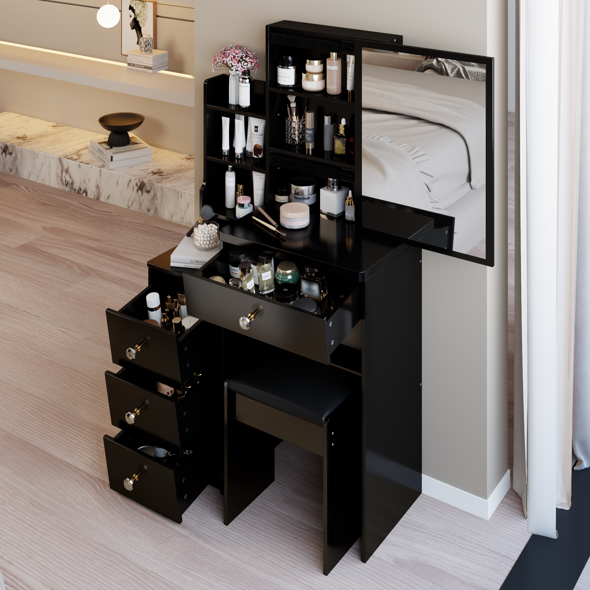29.2' Small Space Left Bedside Cabinet Vanity Table + Cushioned Stool, Extra Large Right sliding mirror, Multi Layer High Capacity Storage, Practical Fashionable Dresser, Suitable For Small Space - Grand Goldman Shop