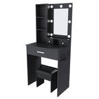 Black Vanity Table with Adjustable LED Mirror, Power Outlet, Hairdryer Holder & Matching Stool – Compact Dressing Desk for Small Bedrooms - Grand Goldman Shop