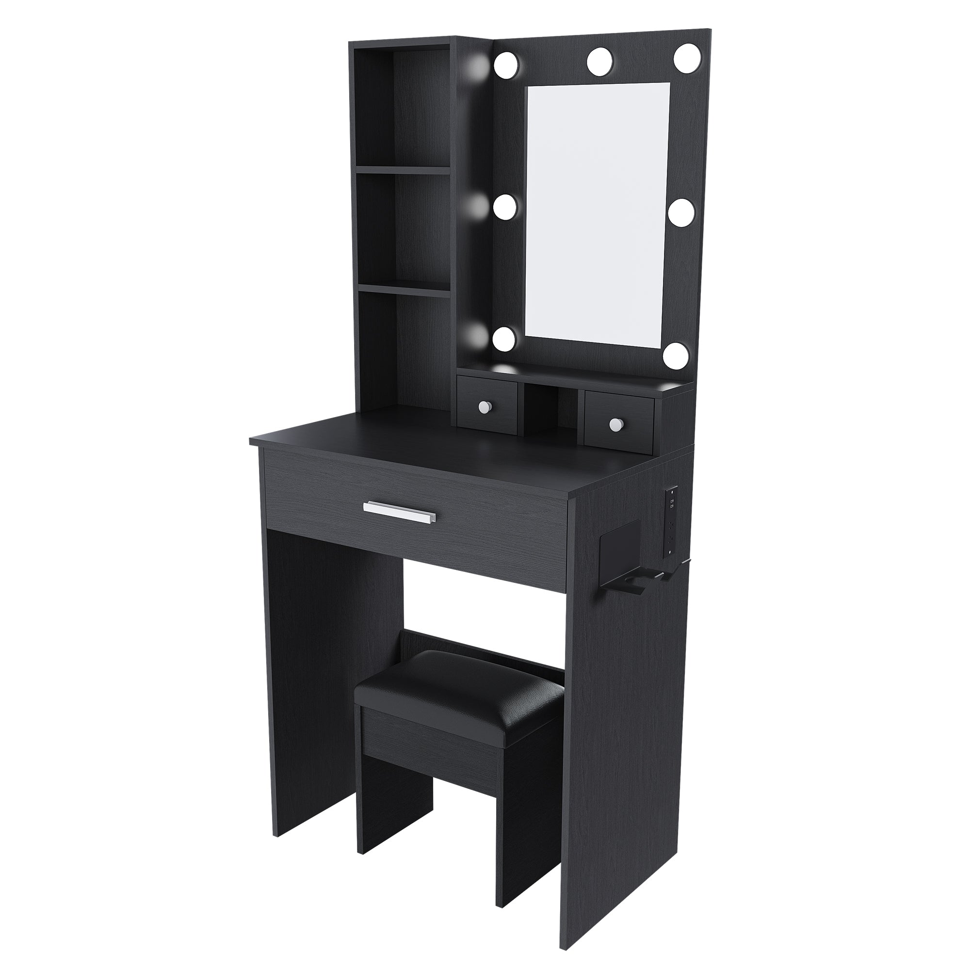 Black Vanity Table with Adjustable LED Mirror, Power Outlet, Hairdryer Holder & Matching Stool – Compact Dressing Desk for Small Bedrooms - Grand Goldman Shop
